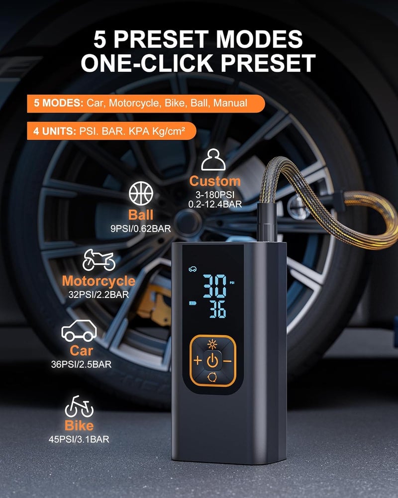 QKMPOM ضاغط هواء محمول لتضخيم الإطارات، أسرع 6 مرات 180 PSI، مضخة هواء مع مقياس ضغط - ضاغط هواء محمول لتضخيم إطارات السيارات والدراجات النارية والدراجات والكرات والمزيد - Image 4
